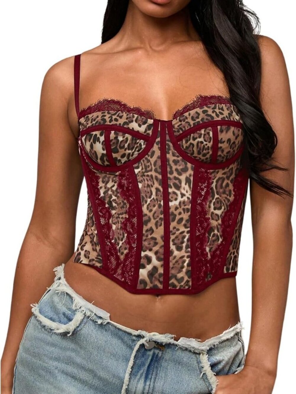 Y2K Cheetah Print Lace Crop Cami Corset Top for Trendy Women’s Fashion